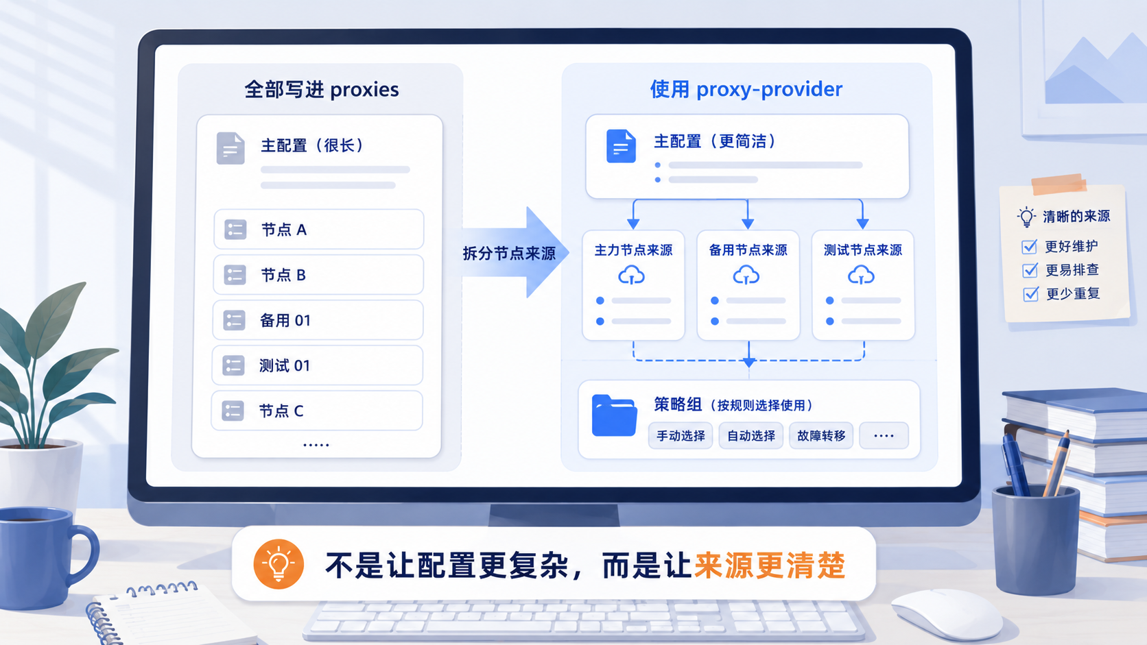 Clash 节点越来越多，proxies 与策略组挤在主配置里，维护开始变乱