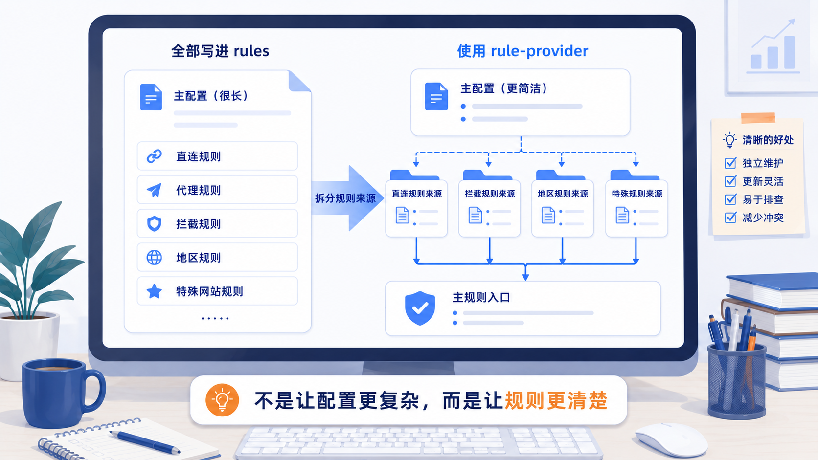 Clash 规则越来越多，直连、代理与拦截规则混在主配置 rules 里，维护开始变乱