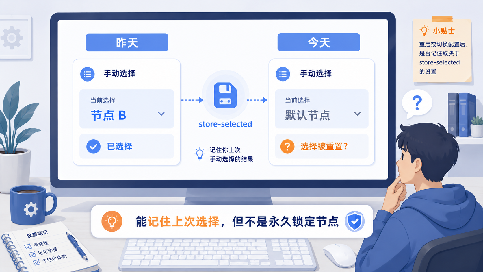 昨天在 Clash 手动选择好的节点，今天重新打开客户端后又变回默认项